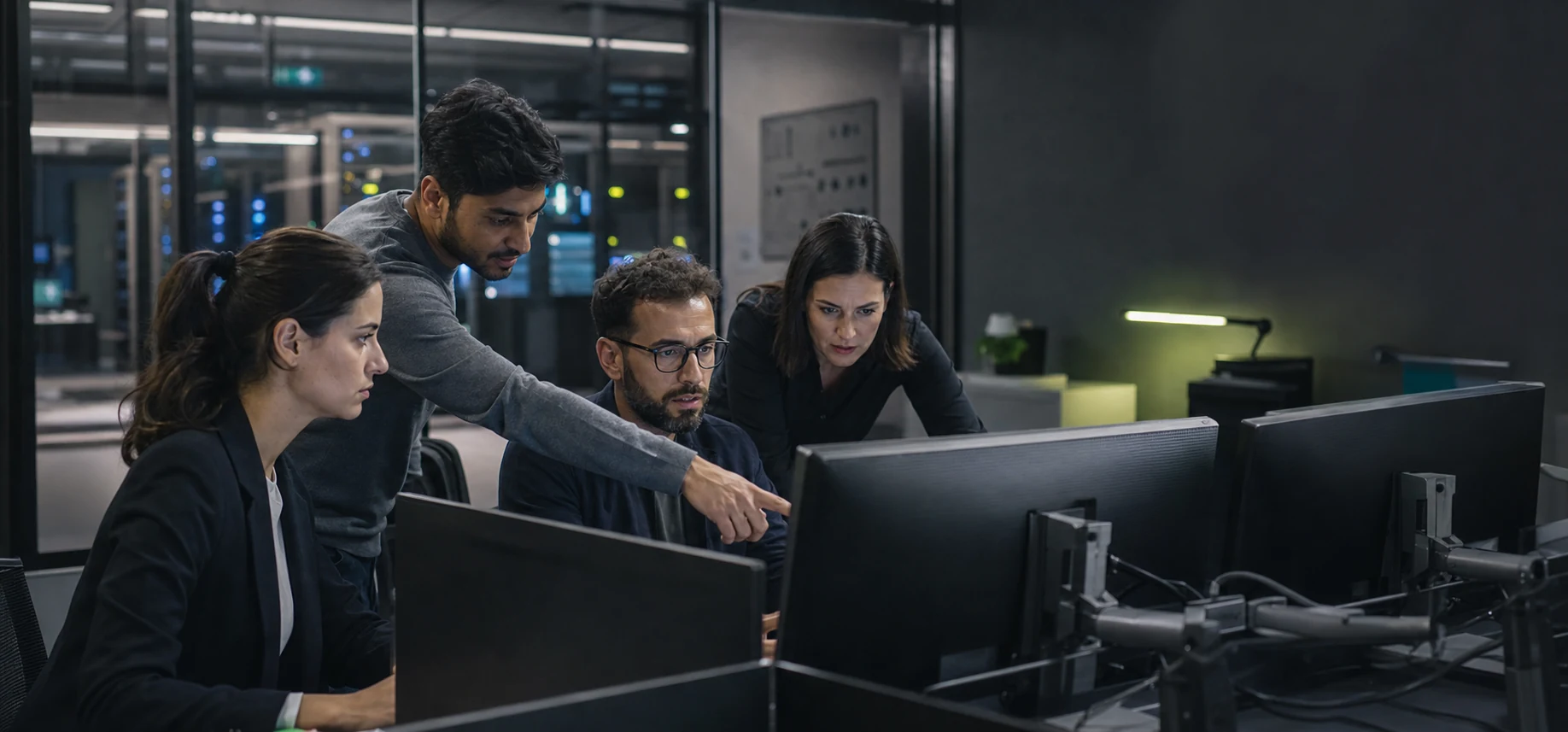A four-person Cybex operations team collaborating around their workstations