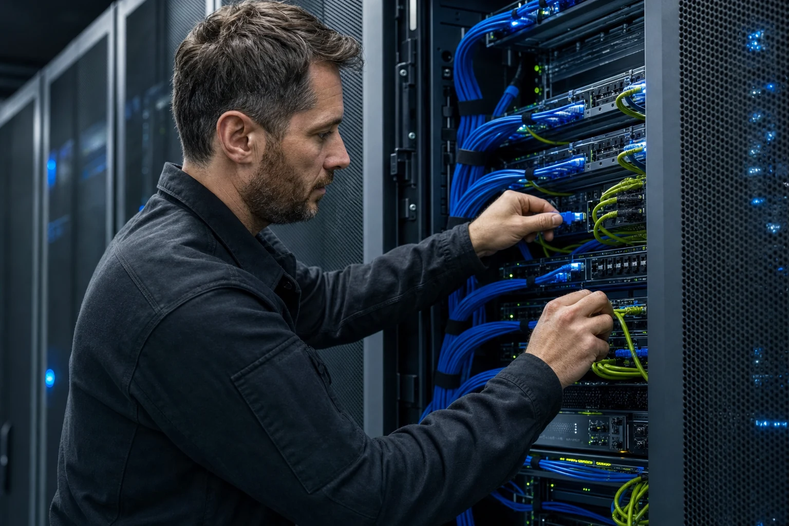 A Cybex infrastructure engineer carefully organizing and testing network connections